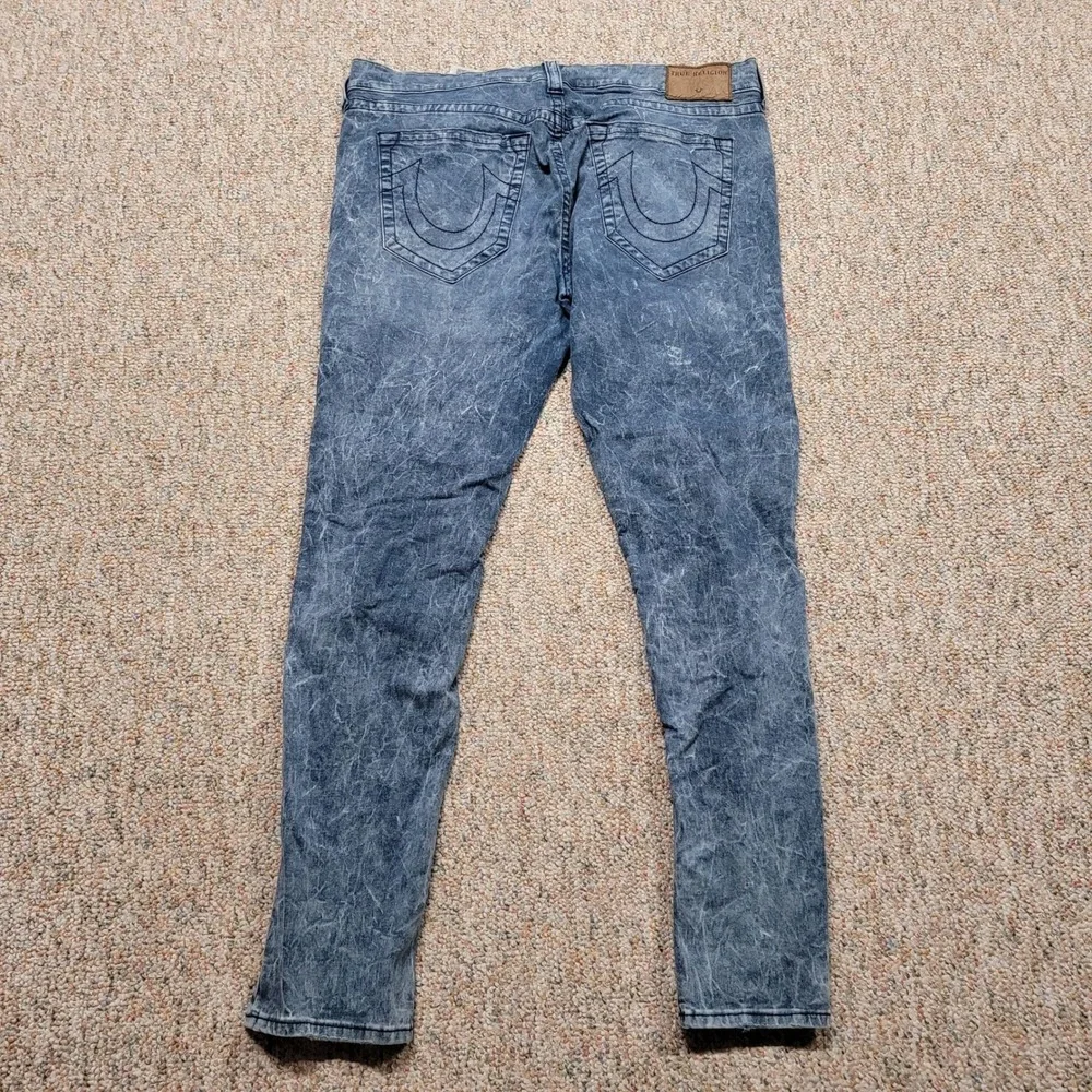 True Religion Rocco Jeans Mens 40 Blue Distressed Marbled Relaxed Skinny Fit